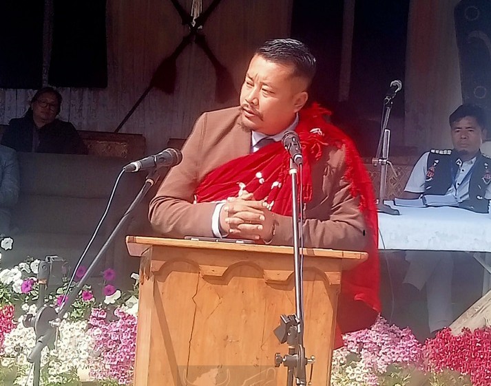 Imti Chuba Chang, MLA addressing the 79th Chang Khulei Setshang at Noksen village on February 16. (DIPR Photo)